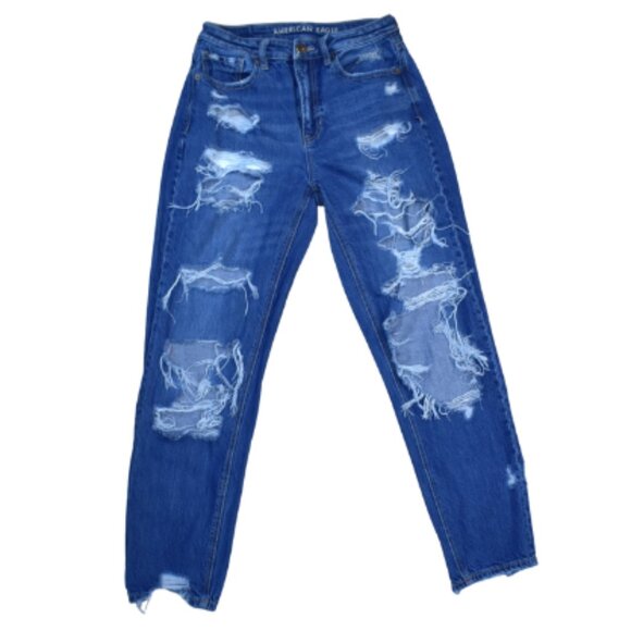 American Eagle High Rise Mom Jeans Distressed Ripped Size 2 Medium Blue - Picture 1 of 12